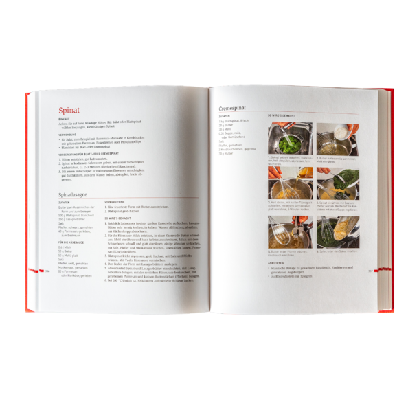 Open cookbook with a spinach recipe with instructions and step-by-step photos on the right.