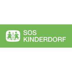 SOS-Kinderdorf-Logo mit zwei Kindern, die eine Pflanze auf grünem Hintergrund halten.