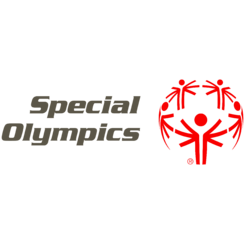 Special Olympics-Logo mit Text und roten abstrakten Figuren, die einen Kreis mit erhobenen Armen bilden.