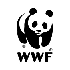 WWF-Logo mit einem schwarz-weißen Panda über den fetten Buchstaben WWF auf weißem Hintergrund.