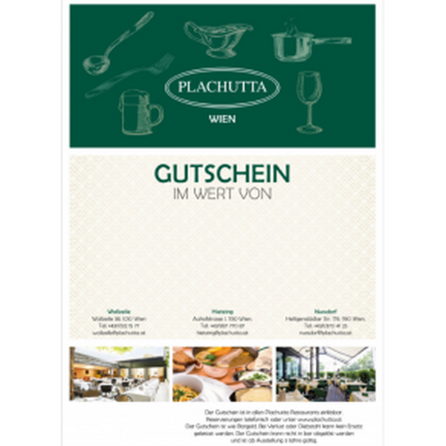 Gift voucher for the Restaurant Plachutta Vienna, with utensils, drinks and pictures of the dishes, with value fields to fill in.