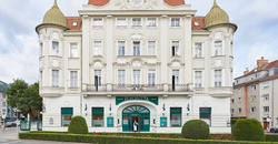 Strichzeichnung eines modernen Hauses mit großen Glasfenstern und einer sichtbaren Couch im Inneren, umgeben von Bäumen.